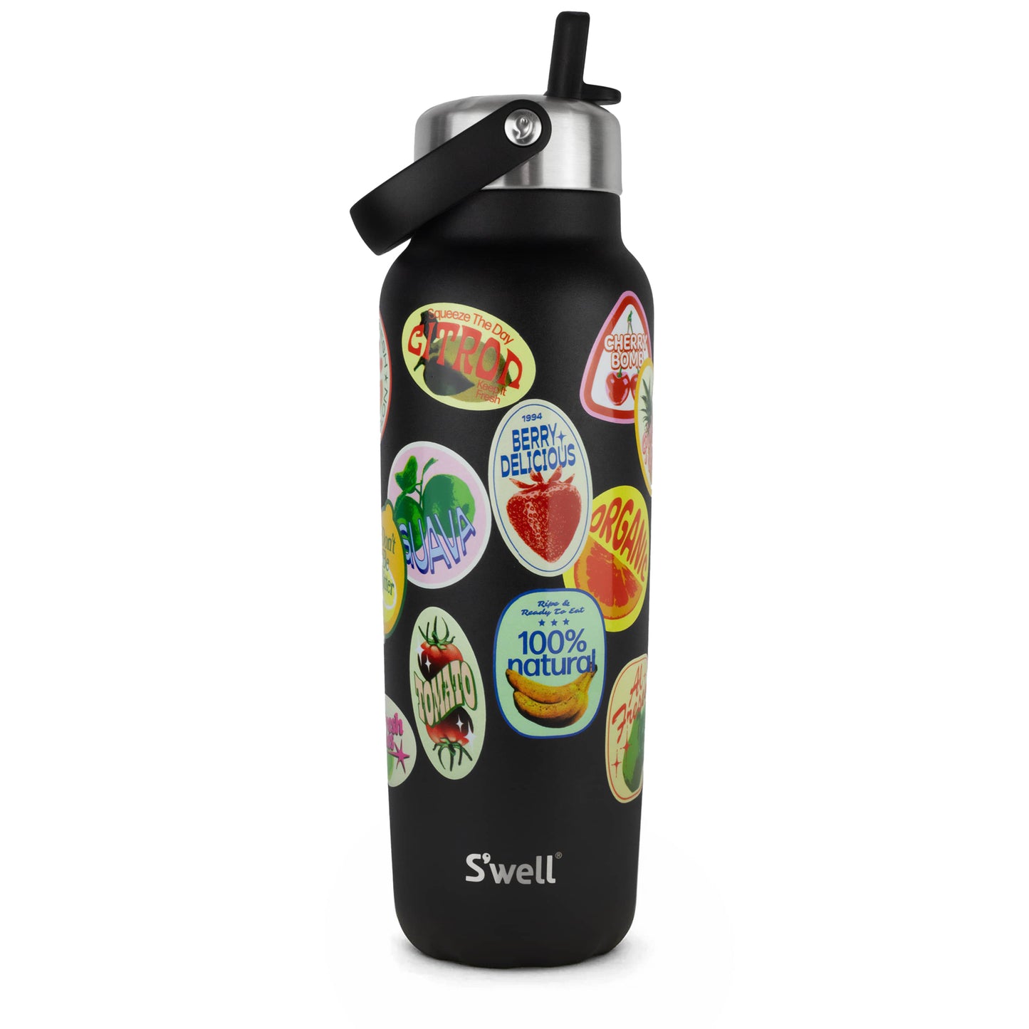 explorer-with-flip-straw-lid-40oz-q4 01_Swell_Fruit_Stand_Stamp_Pattern_Onyx_Black_Front.jpg